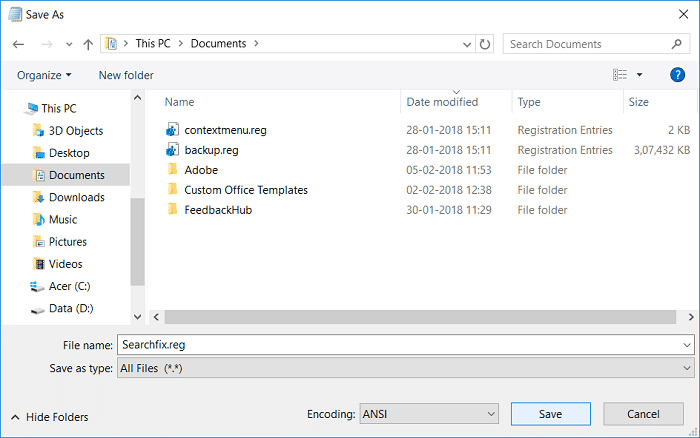 Ingrese Searchfix.reg, luego seleccione Todos los archivos y haga clic en Guardar