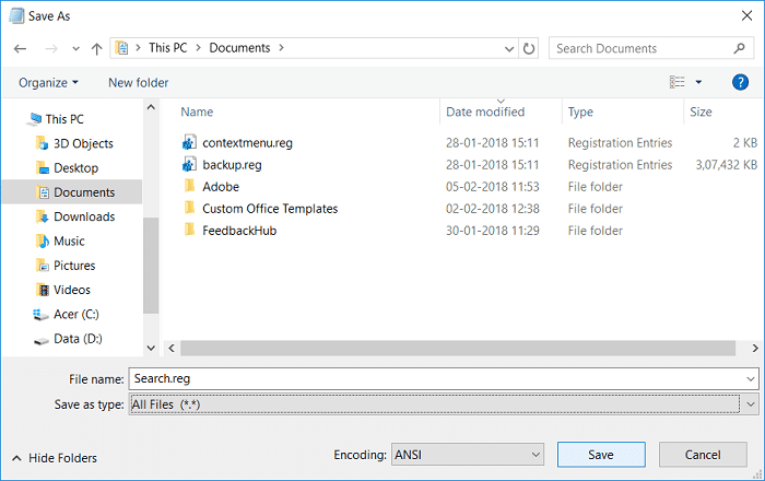 Nombre el archivo search.reg, luego seleccione Todos los archivos y haga clic en Guardar |  Cambiar la vista predeterminada de las carpetas de resultados de búsqueda en Windows 10