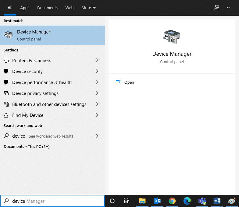 Escriba Administrador de dispositivos en el menú de búsqueda de Windows 10.  Solucionar el problema de Overwatch FPS Drops en Windows 10