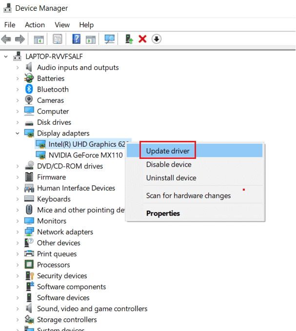 Ahora, haga clic derecho en el controlador y haga clic en Actualizar controlador.  Solucionar el problema de Overwatch FPS Drops en Windows 10