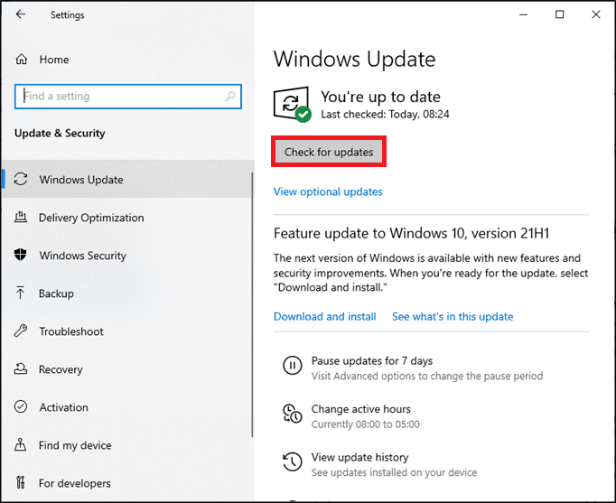 haga clic en Buscar actualizaciones.  Lea también: Cómo actualizar los controladores de dispositivos en Windows 10
