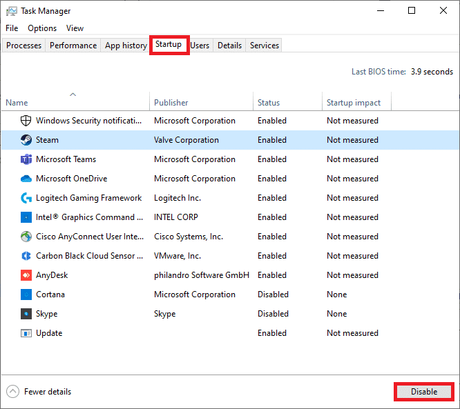 cambie a la pestaña Inicio y seleccione las tareas de inicio que no son necesarias y haga clic en Desactivar.  Solucionar el problema de Overwatch FPS Drops en Windows 10
