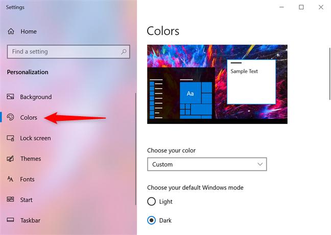 Haga clic o toque Colores en el panel izquierdo