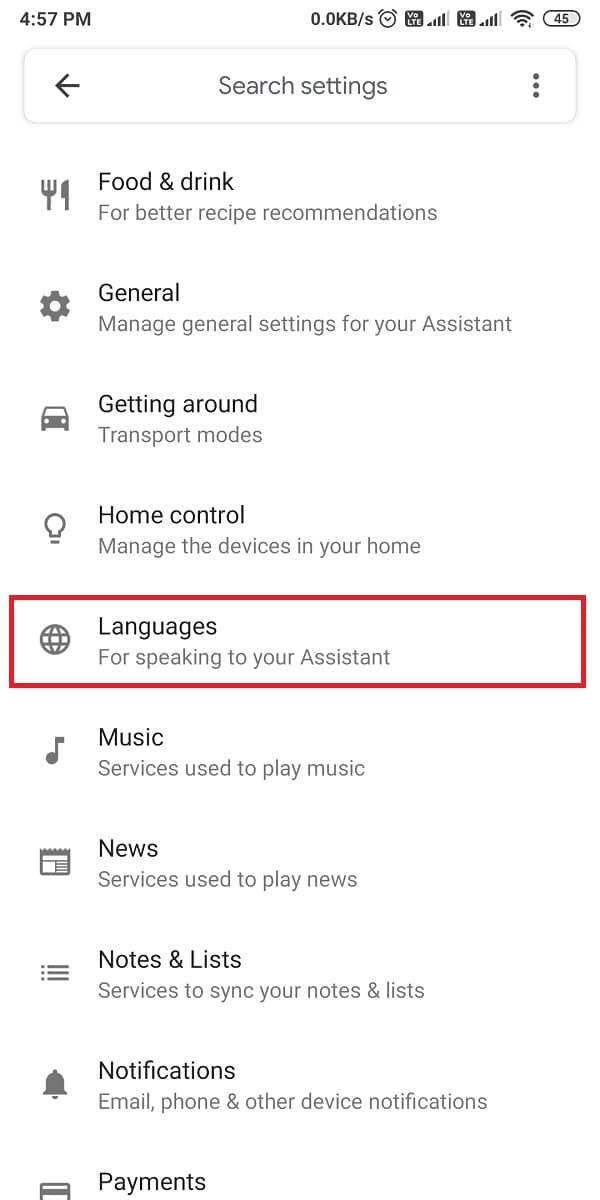 Desplácese hacia abajo para ubicar la sección de idiomas.  |  Arreglar el Asistente de Google que no funciona en Android