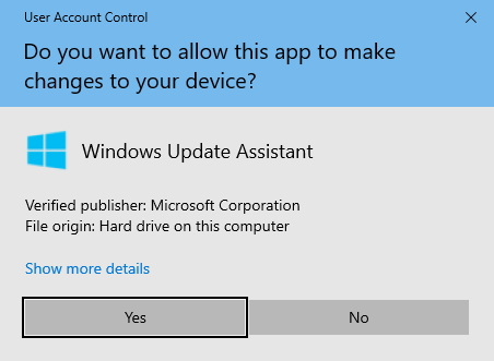 Presione Sí para ejecutar el Asistente de actualización de Windows 10
