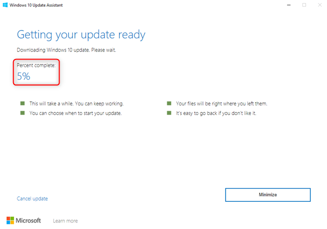 Asistente de actualización de Windows 10: descarga de los archivos para la actualización