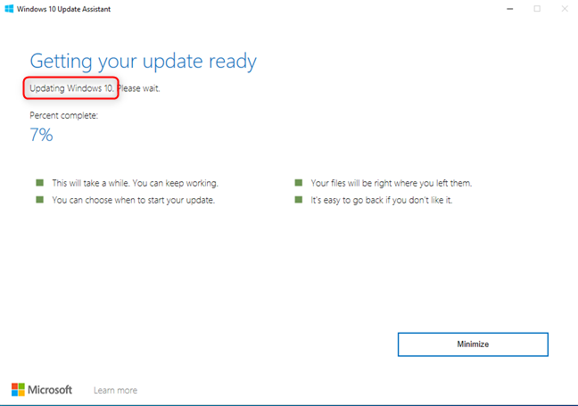 El Asistente de actualización de Windows 10 está actualizando Windows 10