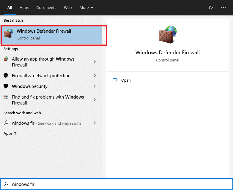 Para abrir el Firewall de Windows Defender, haga clic en el botón de Windows, escriba firewall de Windows en el cuadro de búsqueda y luego presione Entrar.