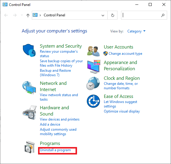 En Programas, haga clic en Desinstalar un programa |  Solucionado: Problema de descarga lenta de League of Legends