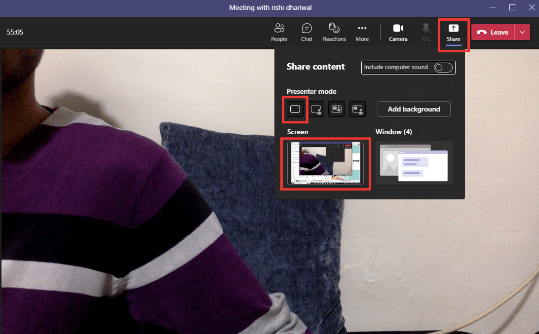 haga clic en el botón compartir.  Elija el modo Presentador de solo contenido y luego haga clic en Pantalla.  Cómo compartir múltiples pantallas en Microsoft Teams