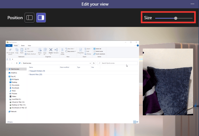 Cambiar el tamaño de la relación entre la pantalla compartida y la ventana del presentador.  Cómo compartir múltiples pantallas en Microsoft Teams