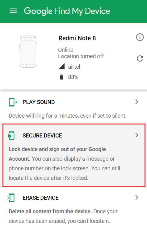 Después de eso, toque la opción Bloquear o dispositivo seguro