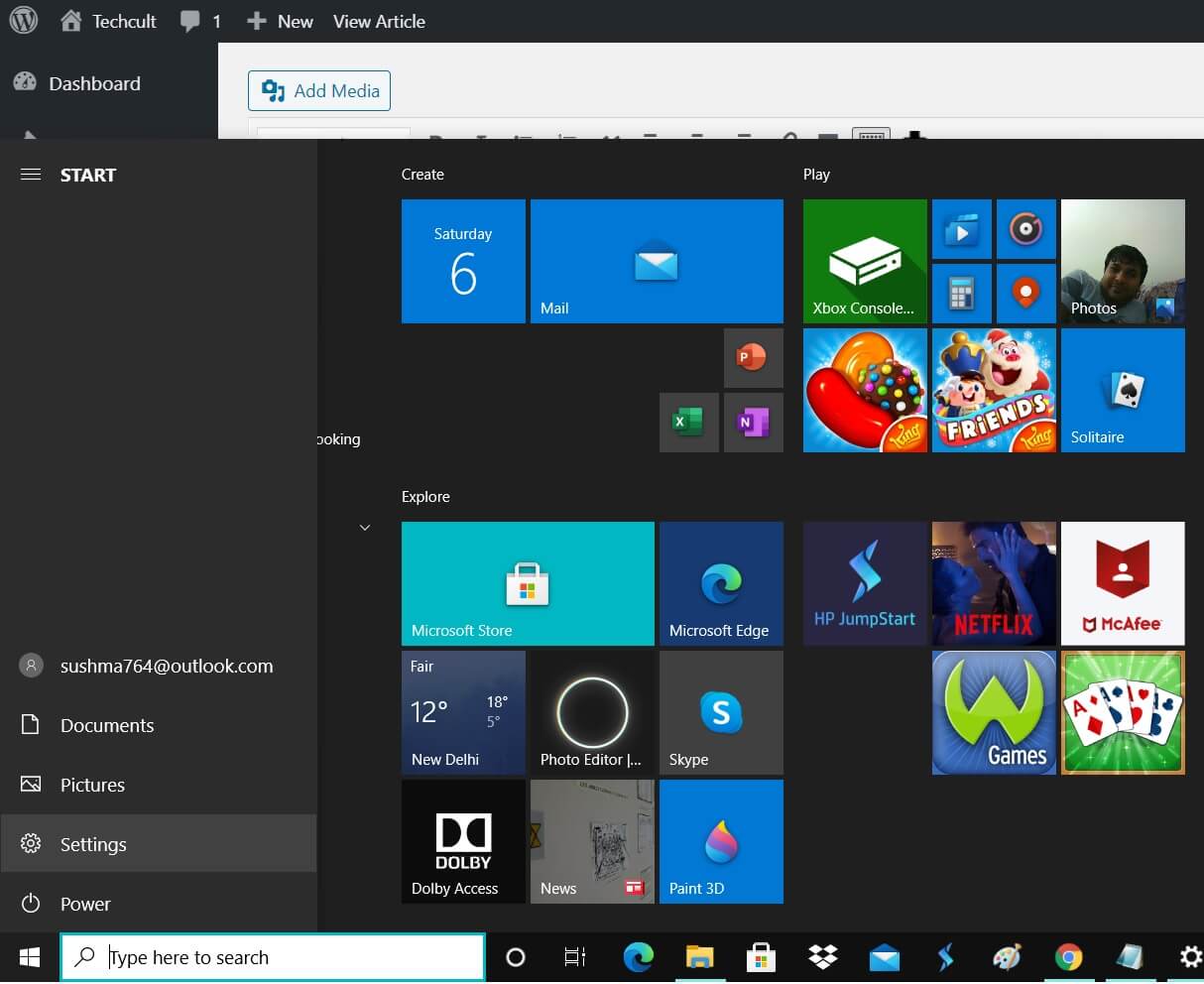 Vaya al botón Inicio ahora haga clic en el botón Configuración | Evita que las aplicaciones se ejecuten en segundo plano en Windows 10