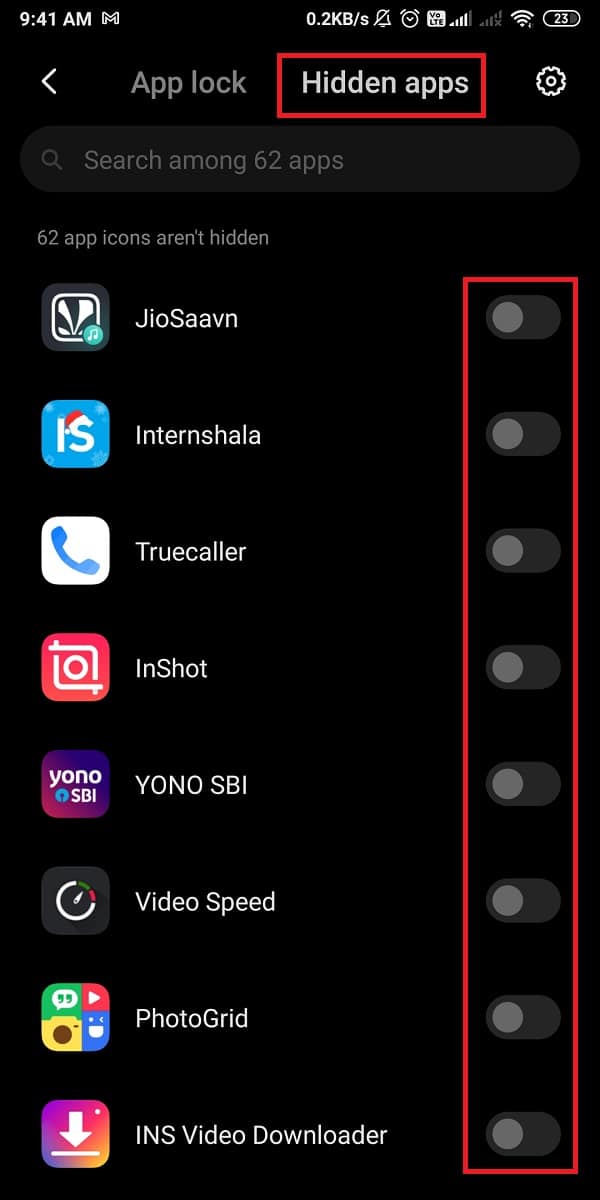 Toque Aplicaciones ocultas en la parte superior de la pantalla para ocultar aplicaciones.  Cómo ocultar aplicaciones en Android