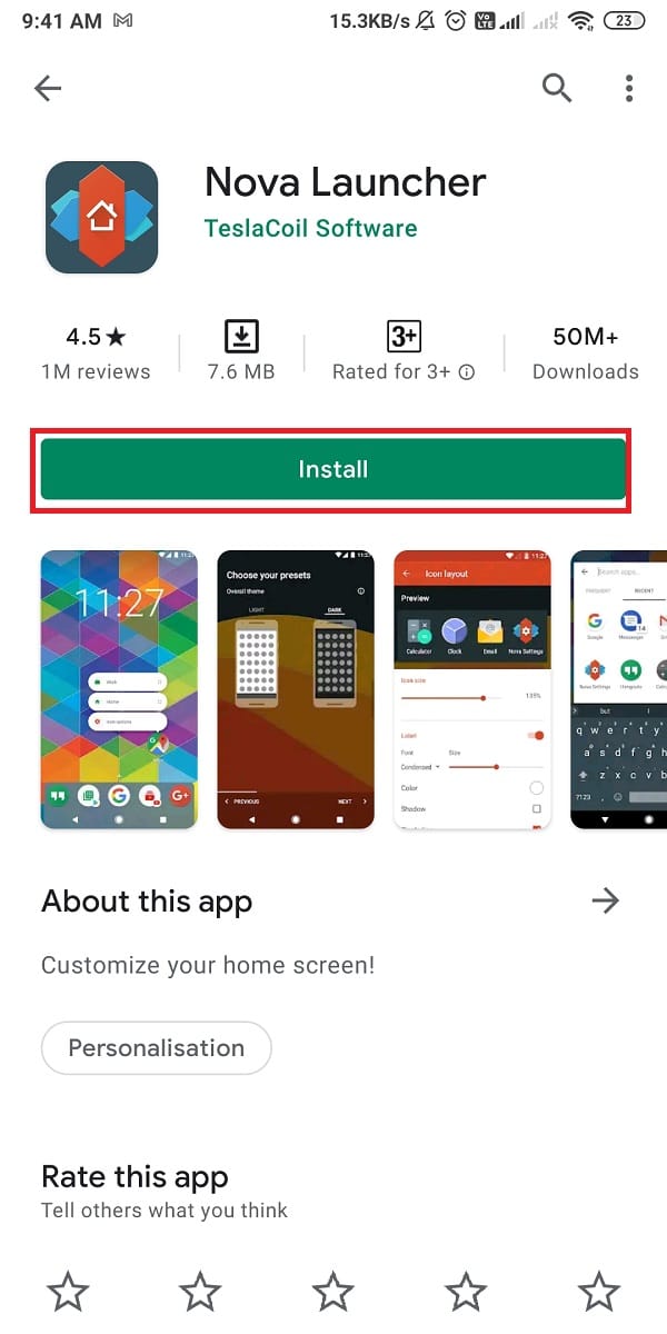 Abra Google Play Store e instale Nova Launcher en su teléfono