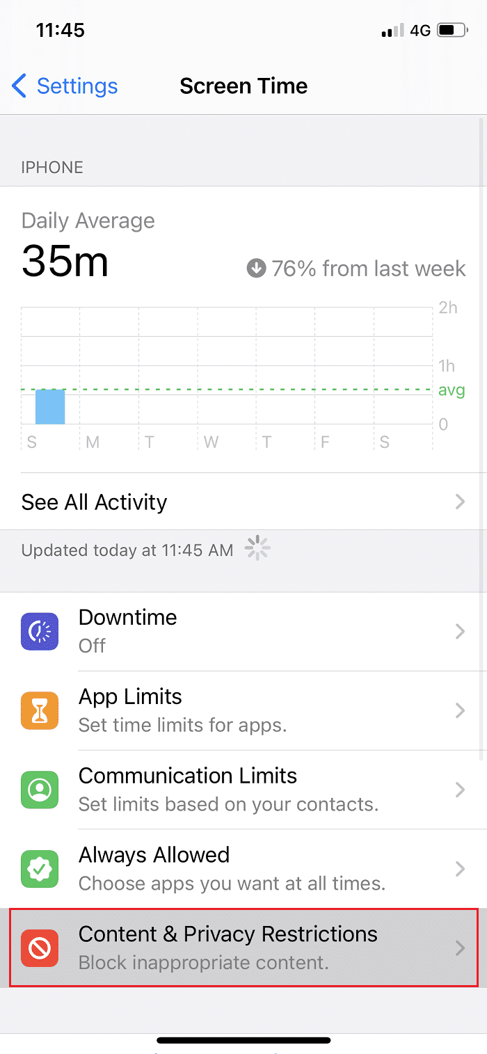Toque Tiempo de pantalla y luego toque Restricciones de contenido y privacidad