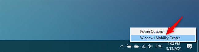 Acceso directo al Centro de movilidad de Windows encontrado en la bandeja del sistema