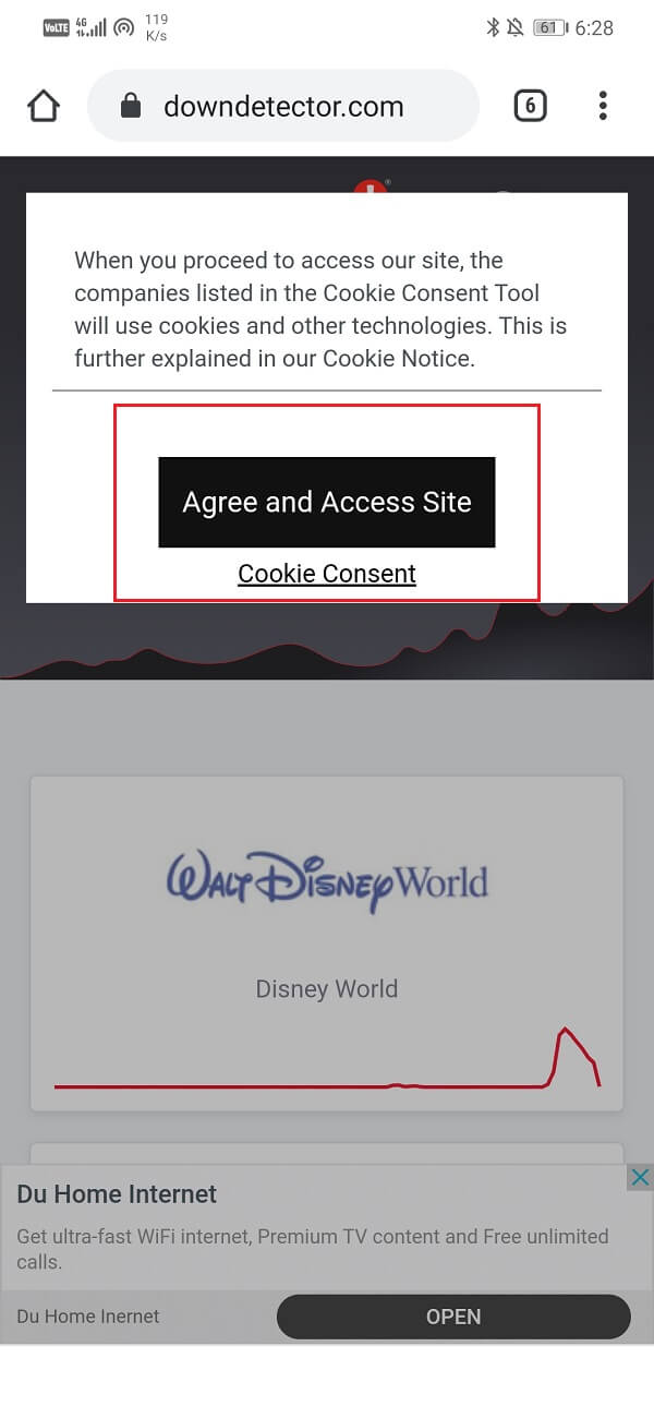 Visite Downdetector.com y haga clic en Aceptar para almacenar cookies
