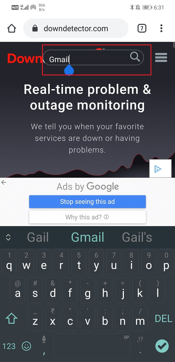 Toque en la barra de búsqueda y busque Gmail |  Arreglar Gmail que no recibe correos electrónicos en Android