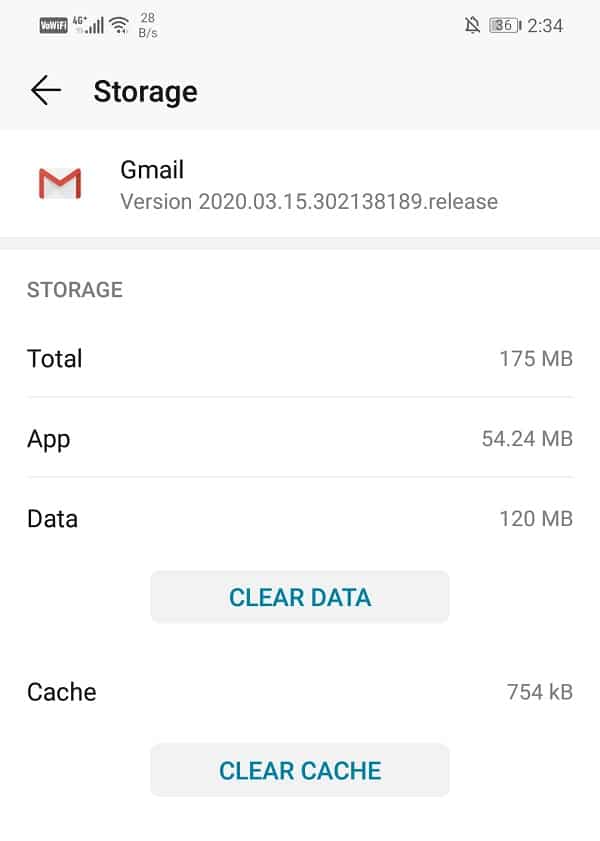 Ahora vea las opciones para borrar datos y borrar caché |  Arreglar las notificaciones de Gmail que no funcionan en Android