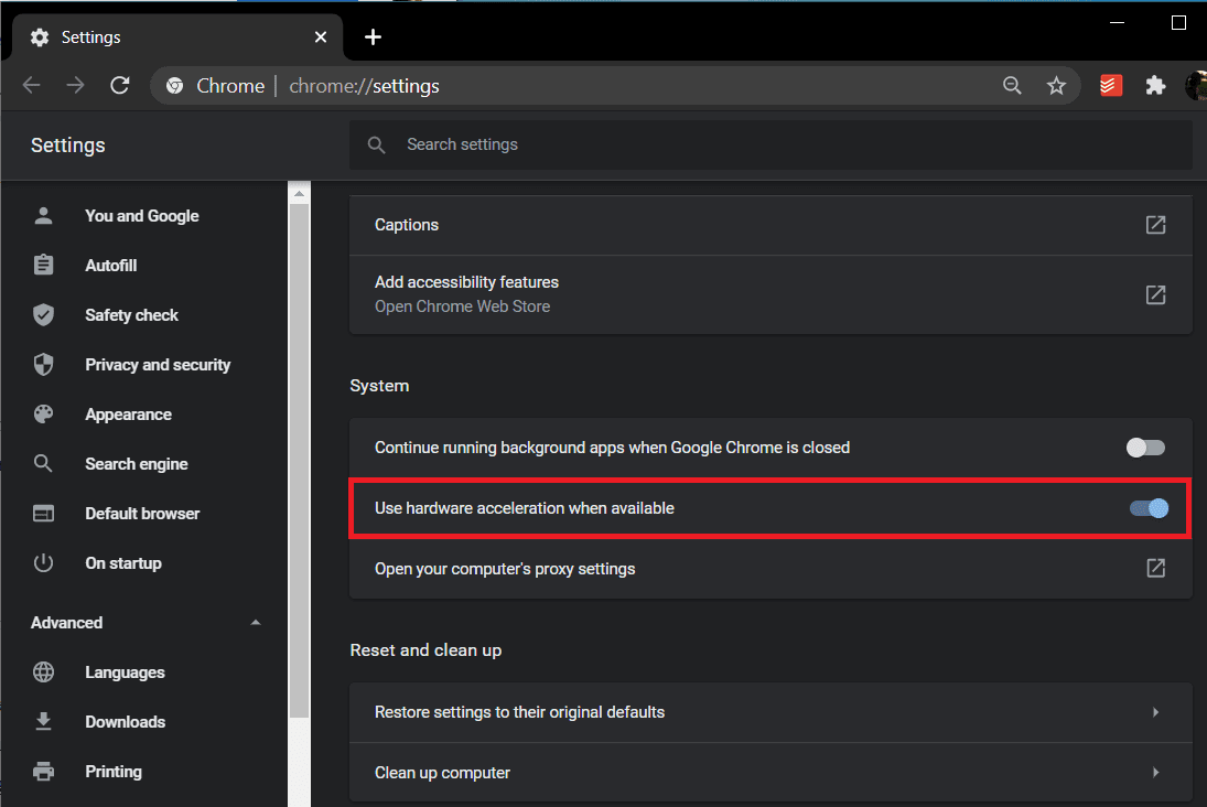 Haga clic en el interruptor de palanca junto a Usar aceleración de hardware cuando esté disponible para apagarlo