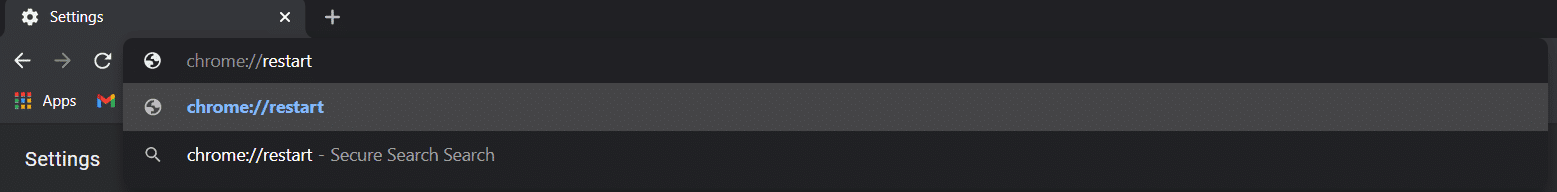Escriba chrome://restart en la sección de entrada de URL del navegador Chrome