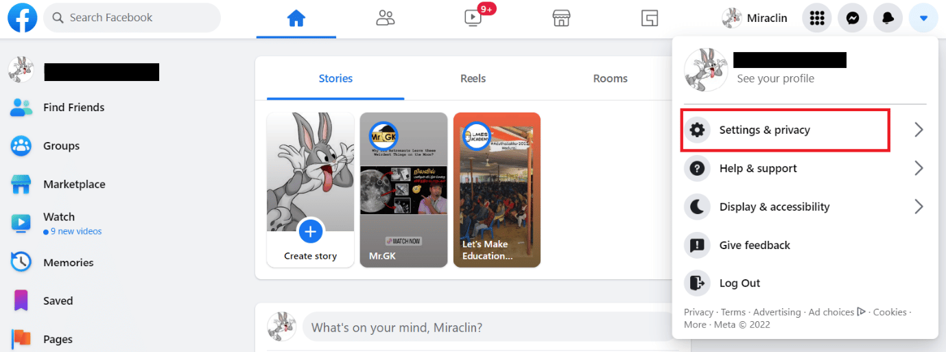 haga clic en Configuración y privacidad |  recupera tu contraseña de facebook sin código