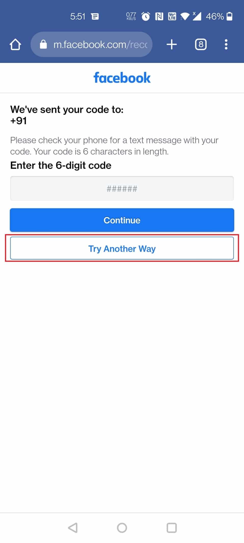 Toque Probar de otra manera |  recupera tu contraseña de facebook sin código