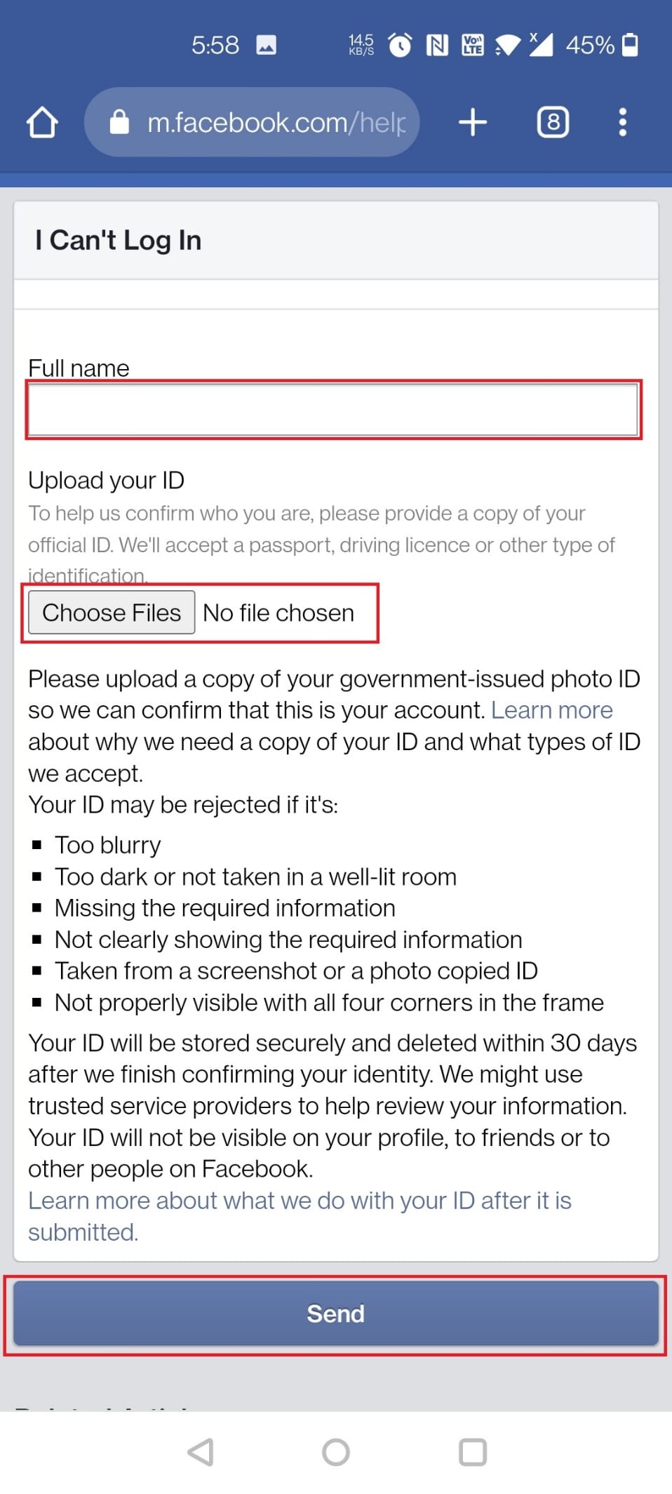 Escriba Nombre completo, adjunte una prueba de identificación y toque Enviar |  recupera tu contraseña de facebook sin código