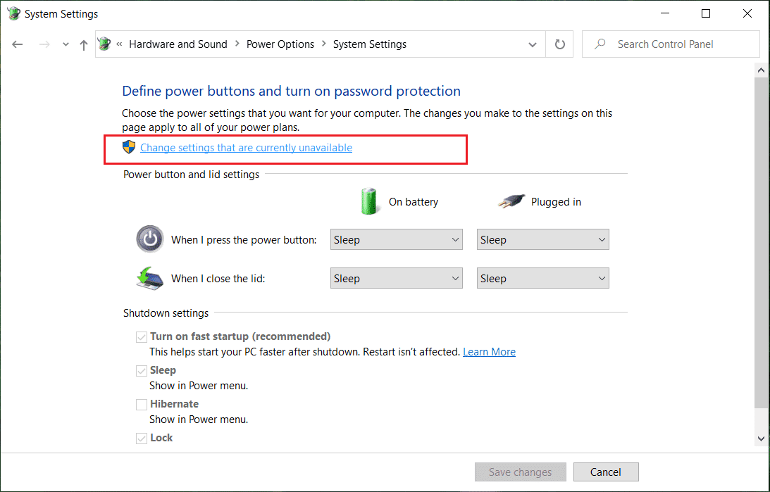 Haga clic en Cambiar la configuración que actualmente no está disponible