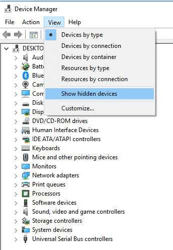 En la pestaña Vistas, haga clic en Mostrar dispositivos ocultos