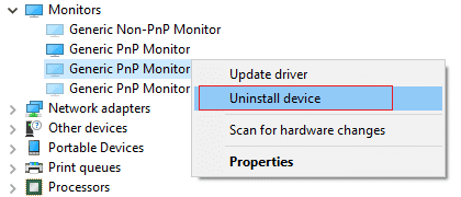 Haga clic con el botón derecho en cada uno de los dispositivos ocultos que se enumeran en Monitores y seleccione Desinstalar dispositivo