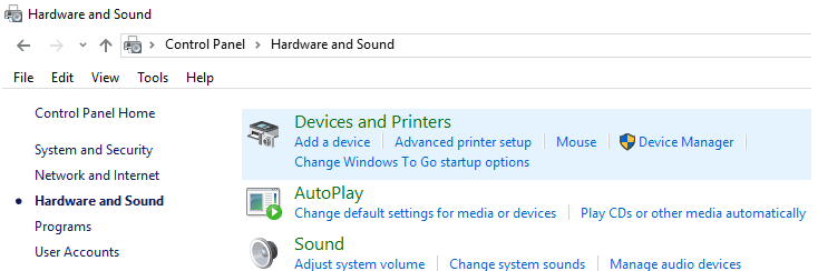 Haga clic en Dispositivos e impresoras en Hardware y sonido