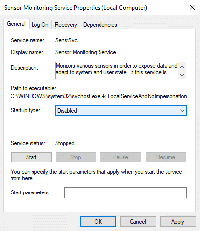 Establezca el tipo de inicio en Deshabilitado en Servicio de monitoreo de sensor | Cómo habilitar o deshabilitar el brillo adaptable en Windows 10