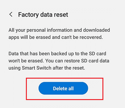 Restablecimiento de datos de fábrica Samsung Galaxy S9 usando la configuración