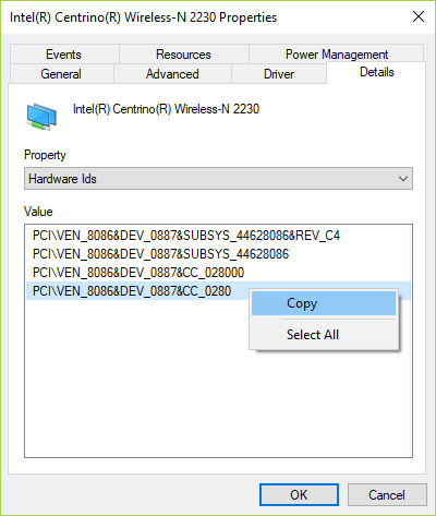 Vaya a la pestaña Detalles y seleccione ID de hardware en la lista desplegable Propiedades