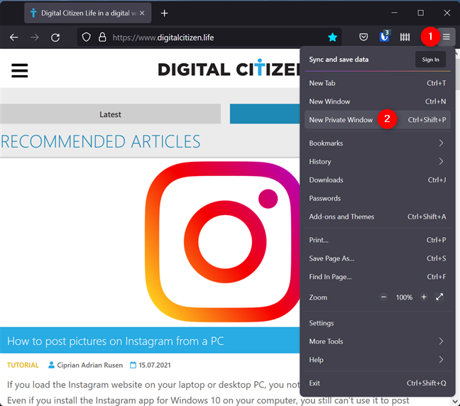Inicie Firefox en modo de incógnito