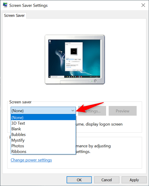 Accede al menú desplegable Protector de pantalla para ver las opciones disponibles en Windows 10