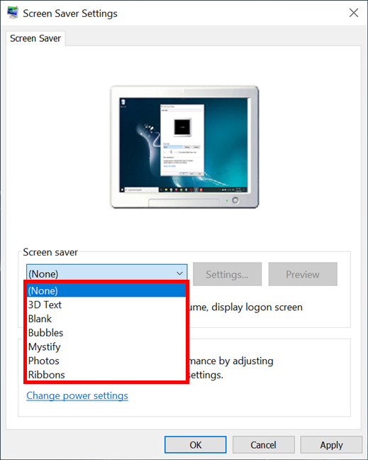 Seleccione la opción de protector de pantalla de Windows 10 que desea usar