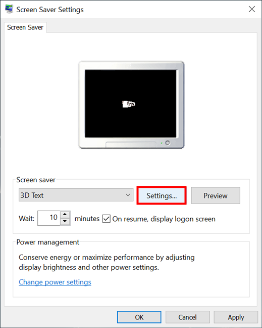 Presione Configuración para acceder a opciones adicionales para su protector de pantalla de Windows 10