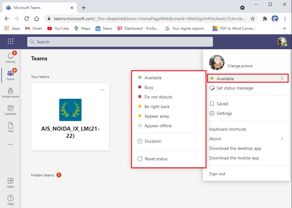 Haga clic en su estado actual debajo de su nombre y elija disponible de la lista