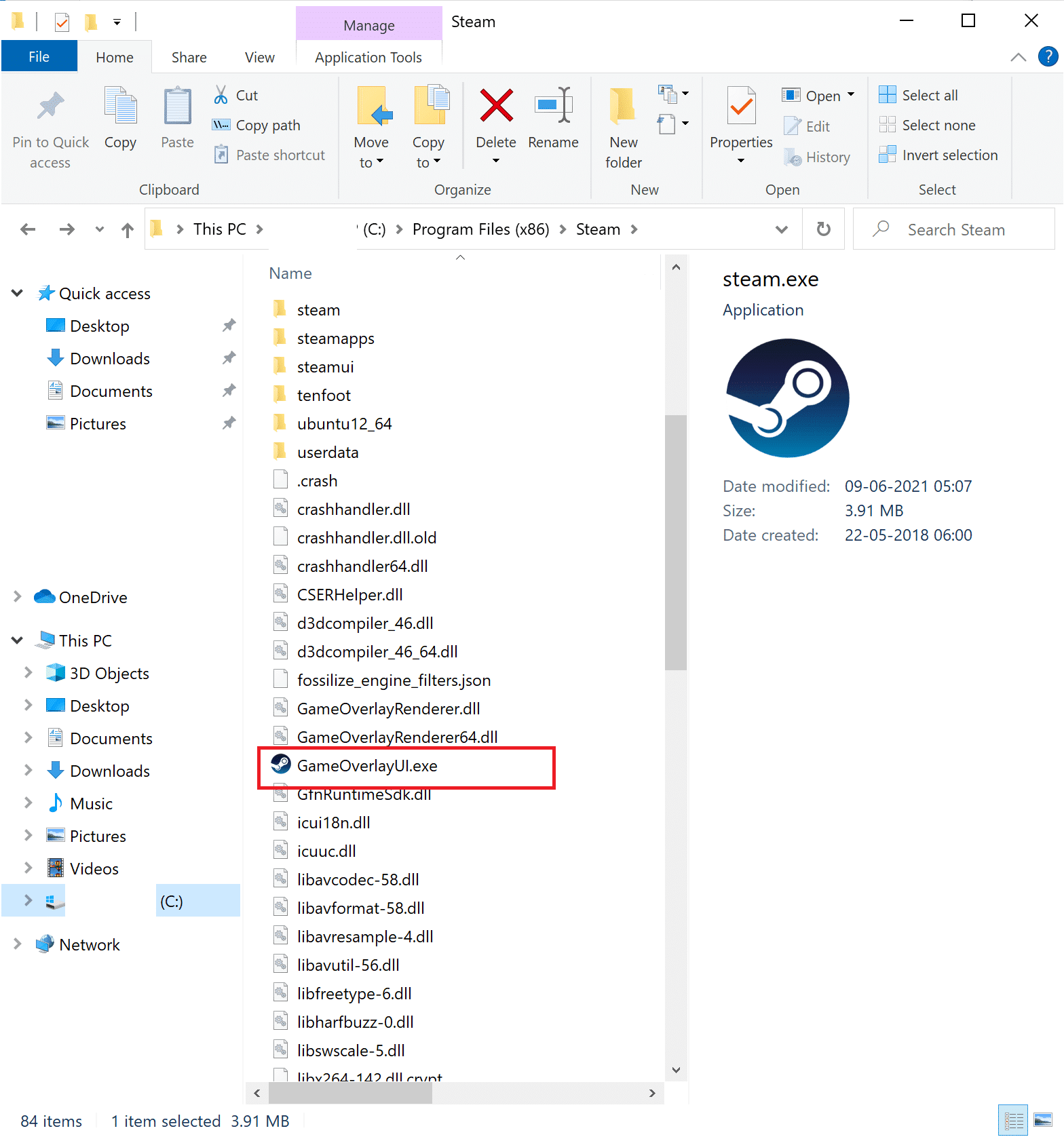 A continuación, en Archivos de programa (x86), busque el archivo titulado GameOverlayUI.exe. Arreglar Steam sigue fallando