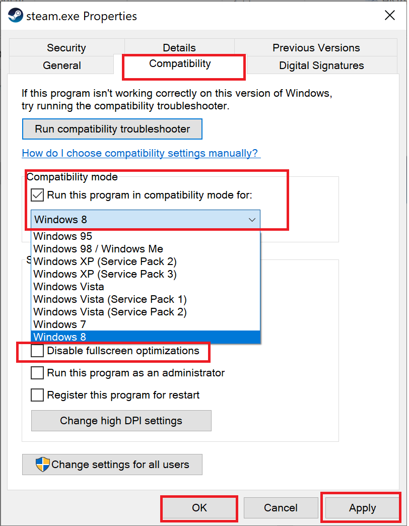 marque la casilla junto a Deshabilitar optimizaciones de pantalla completa y vea si Steam se ejecuta correctamente