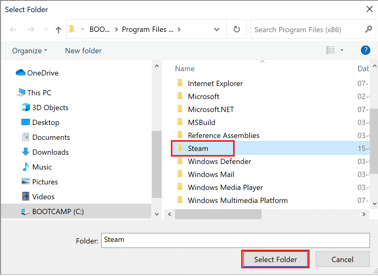 navegue a C: luego, Archivos de programa (x86), luego Steam y haga clic en Seleccionar carpeta. Arreglar Steam sigue fallando
