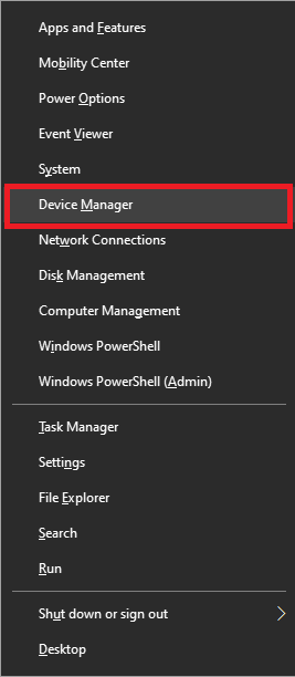 Presione las teclas Windows y X juntas y haga clic en Administrador de dispositivos