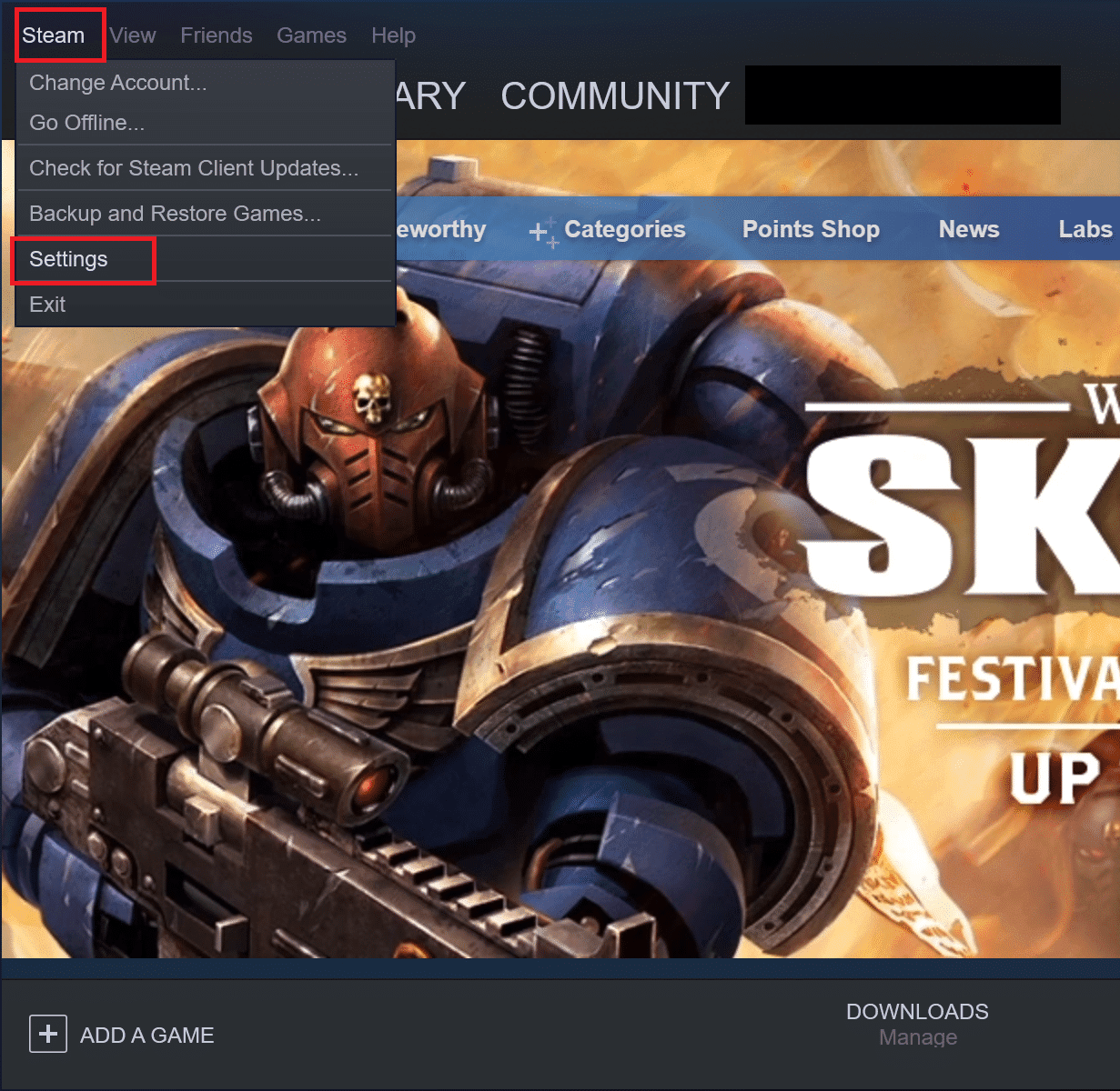haga clic en Configuración. Arreglar Steam sigue fallando
