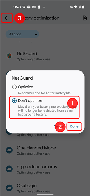 Deshabilitar la optimización de la batería para NetGuard