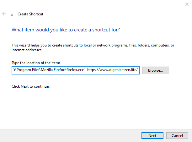 Agregue la URL del sitio después del archivo ejecutable de su navegador