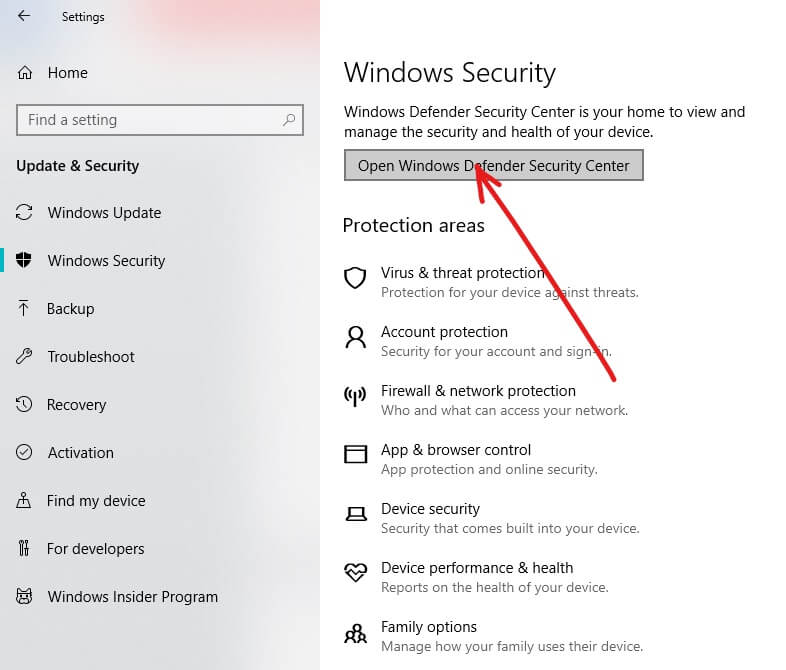 Haga clic en Abrir el Centro de seguridad de Windows DefenderHaga clic en Abrir el Centro de seguridad de Windows Defender