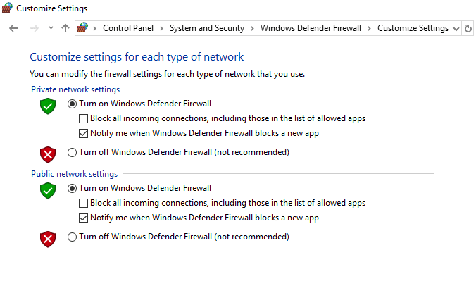 Aparecerá la pantalla Deshabilitar el Firewall de Windows Defender para la configuración de red privada y pública